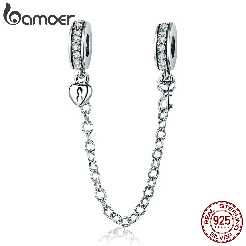 BAMOER Authentic 925 Sterling Silver Stackable Heart Love Heart Dangle Safety Chain Charm fit Charm Bracelet DIY Jewelry SCC606