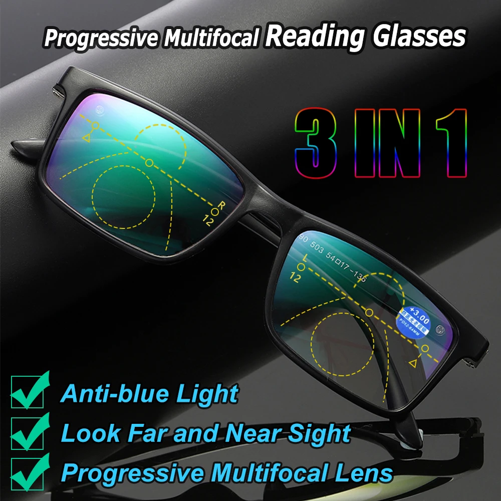 Progressive Bifocals Reading Glasses Anti Blue Light Presbyopia Eyeglasses Near Far Sight Spectacles Hyperopia Diopter +1.0-4.0