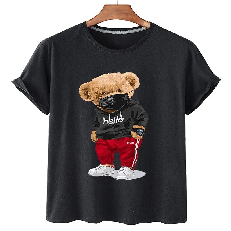100% Cotton Sports Mask Bear Print Short-sleeved T-shirt Female Half-sleeved Summer Casual Oversized T-shirt Ladies Shirt S-4XL