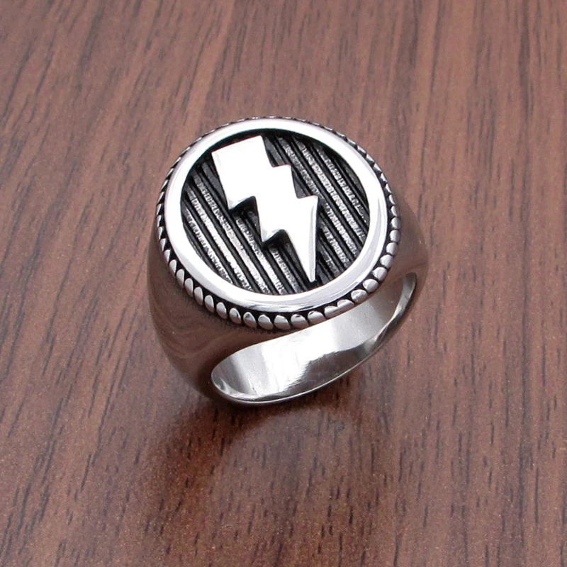 Free Shipping Punk Lightning Pattern 316L Stainless Steel Geometric Round Rings Big Wide Men's Signet Vintage Ring