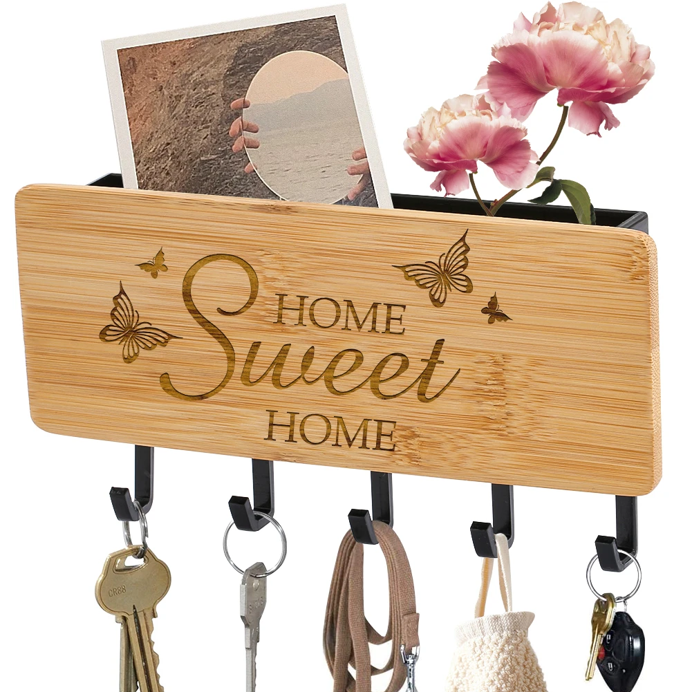 Home Sweet Creative Text Pattern Fashion Wooden Decorative Storage Box Wall-Mounted Key Hanger Practical Household Key Holder