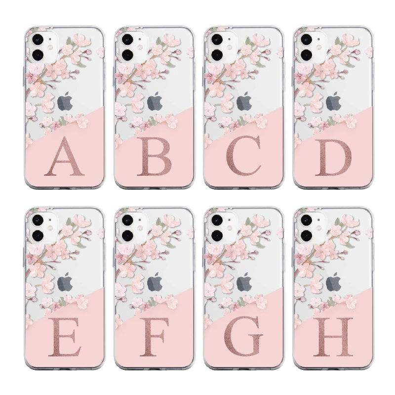 Custom Cherry Blossom Flower A to Z Initial Alphabet  Soft TPU Phone Case Cover For iPhone XS X XR 11 12 13Pro Max 8Plus X 7Plus