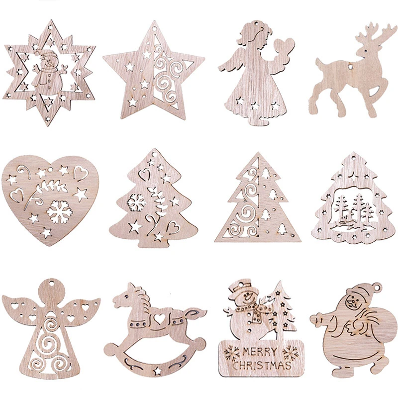 5Pcs Vintage Christmas Wooden Pendants Ornaments DIY Wood Crafts Xmas Tree Ornaments Christmas Party Decorations Kids Gift