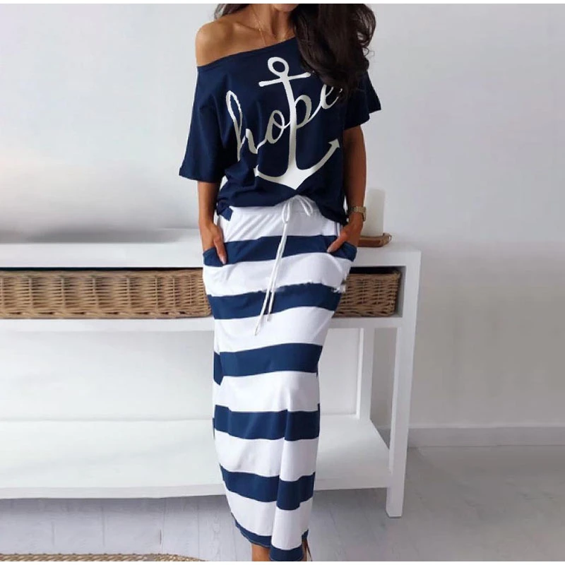 Summer Women Two Piece Set Dress Sexy Off Shoulder Boat Anchor Print Shirt Tops Ankle-Length Striped Dress Sets Casual Outfits