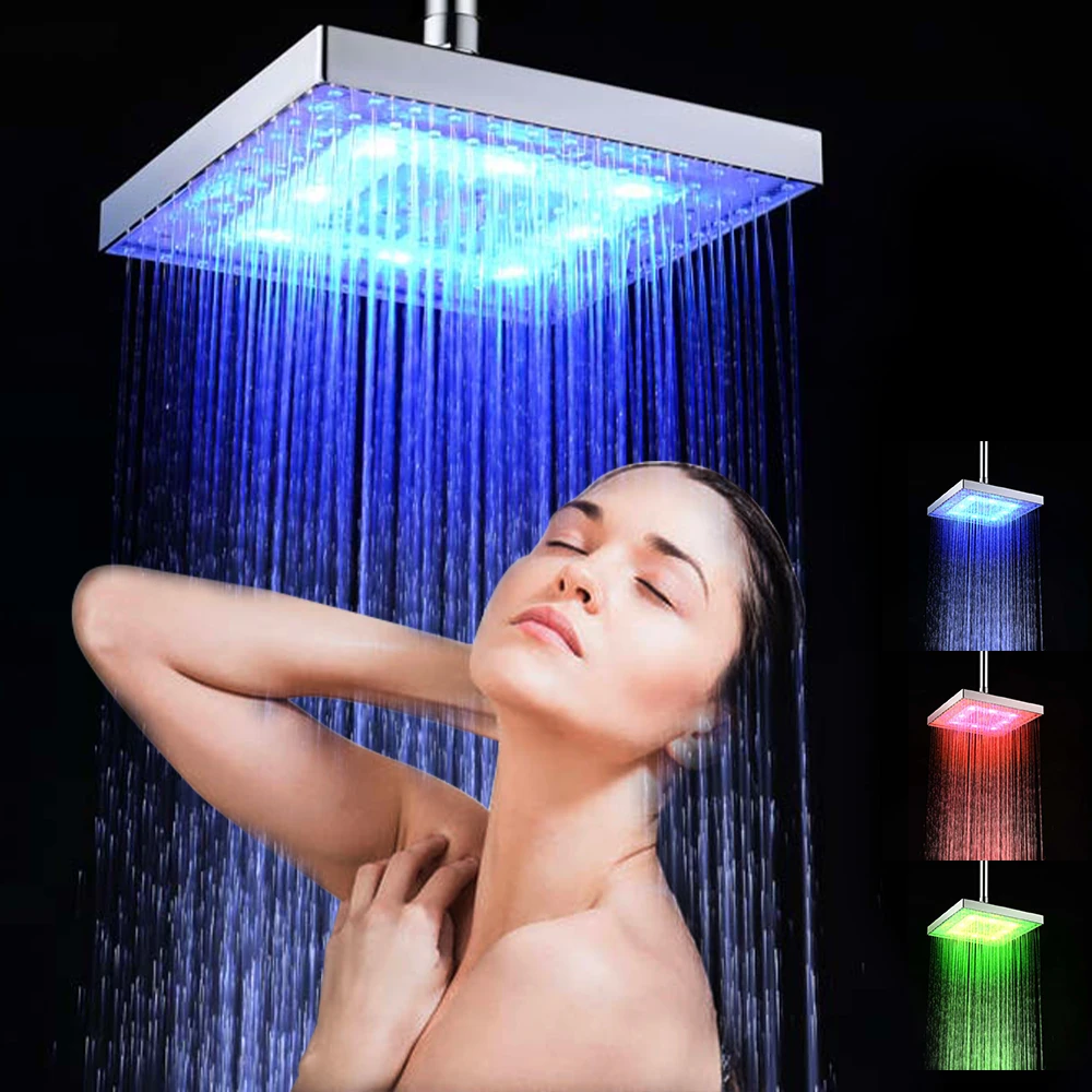 Shower Head LED Rainfall Shower Head Square Shower Head Automatically Color-Changing Temperature Sensor Showerhead for Bathroom