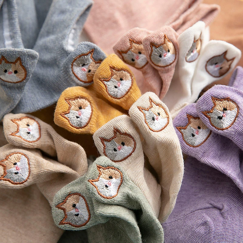 Anewmorn Cute Cat Cotton Boat Socks Woman's Embroidery Heel Ears Cartoon Socks Ins Fashion Kawaii Animal Girl Sokken