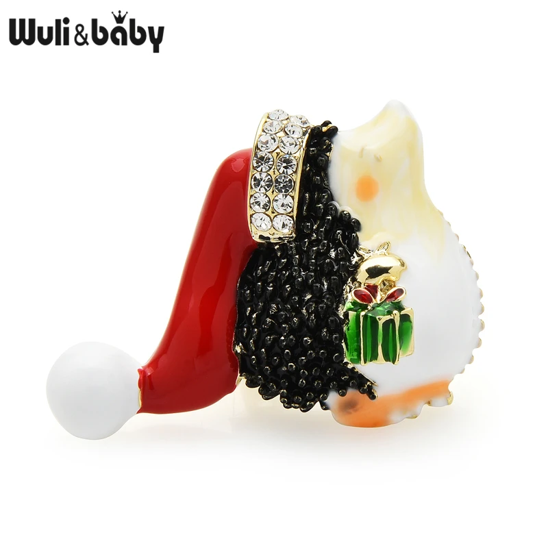 Wuli&baby 2021Christmas Hedgehog Brooches Wearing Red Hat Holding Gift Package Cute Animal Brooch Pins