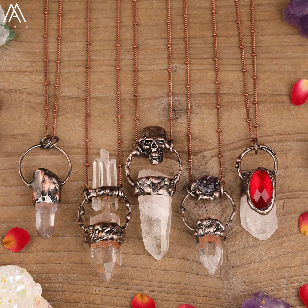 Natural White Quartz Crystal Point Pendant Healing Necklace For Women Unique Stone Beads Bronze Chains Necklace Jewelry Dropship