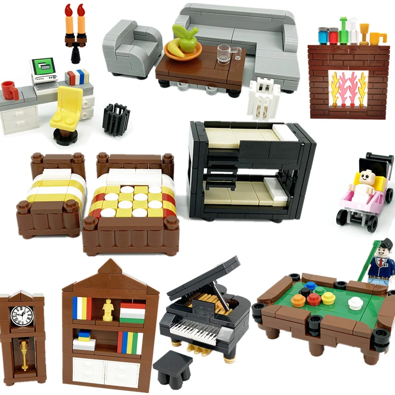 Compatible City MOC Building Blocks Bricks Parts House Furniture Kitchen Accessories Kits DIY Kids Toys Bed Sofa Piano Computer