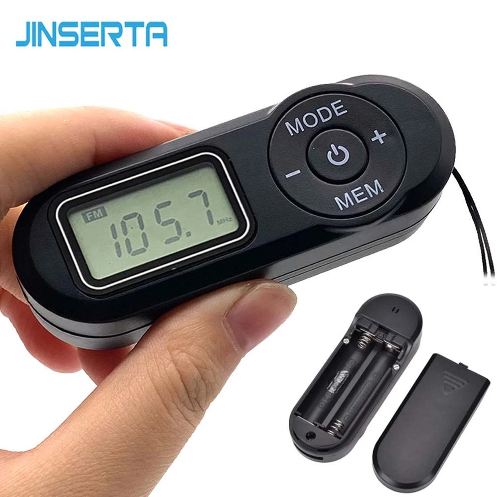 JINSERTA Pocket FM Radio FM:64-108MHz Portable Sports Radio Receiver with LCD Display Neck Lanyard 3.5mm Headphone