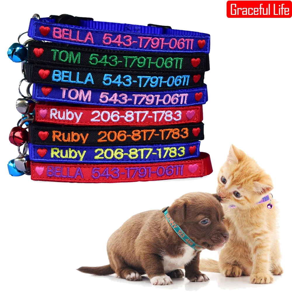 Custom Embroidery Cat Collar with Heart DIY Charms Personalized And Bell Breakaway Printed Pet Names Phone Number