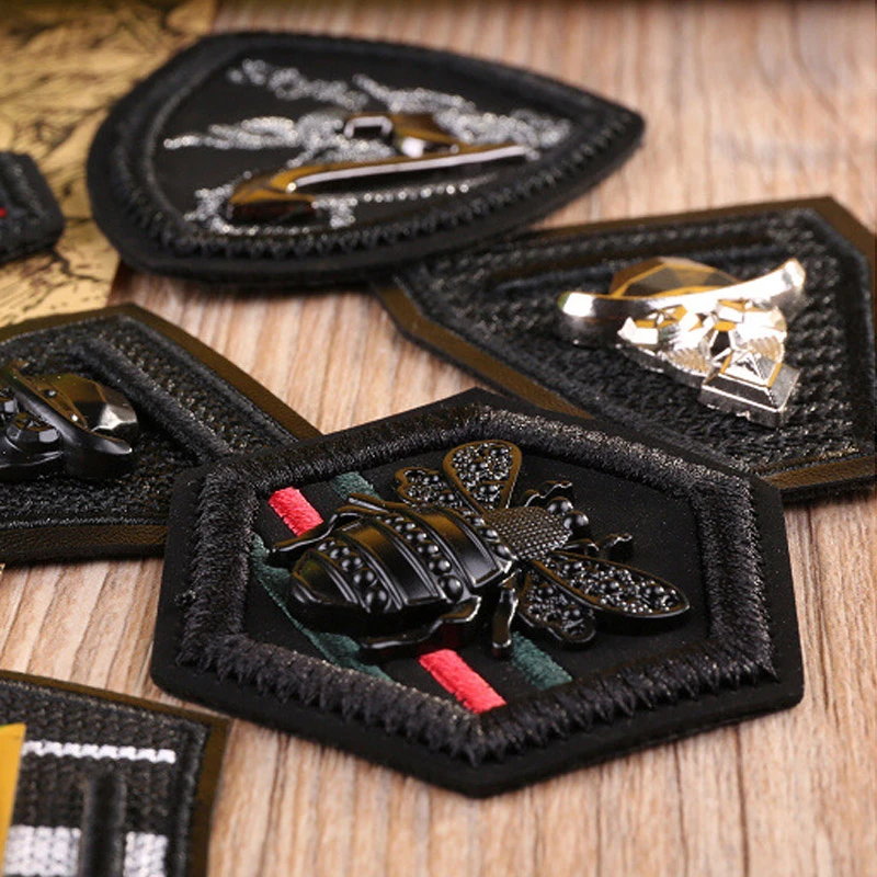 3D Metal Black Leather Embroidered Patches for Clothing Military Army Appliques Bee Badge Stripe Sticker Sew on Clothes DIY