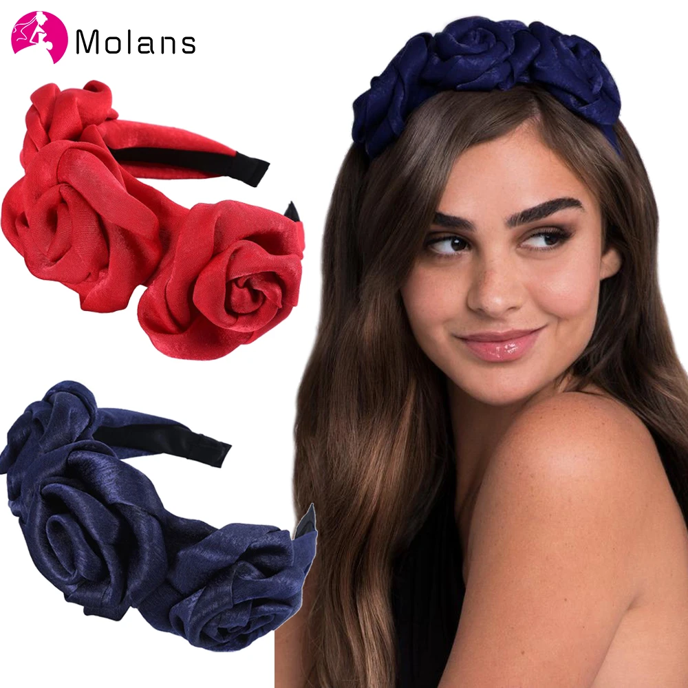 MOLANS Triple Rosette Faille Headband New Winter Rose Flower Bow-knot Wide Headband Solid Silk Flower Crown Hair Hoop for Women