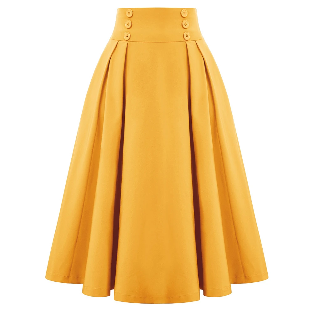 Belle Poque Women's Skirts Pleated Swing Skirt Buttons Decorated Elastic Waist High Waist Retro Pure Color Mid-calf Skirts New