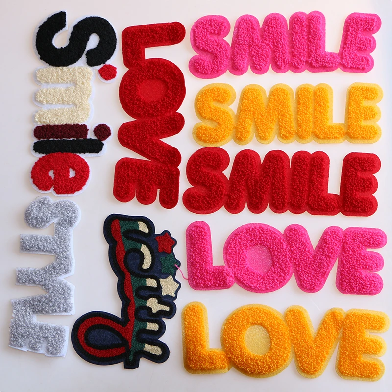 1 Pcs Love Smile Letter Towel embroidery icon Iron on Patches for Clothing DIY Stripes Clothes Patchwork Stickers Custom Badges