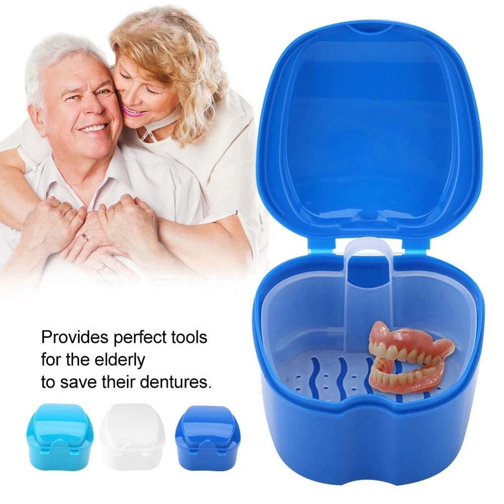 Denture Bath Box Case Dental False Teeth Storage Box with Hanging Net Container Plastic Artificial Tooth Organizer Teeth Care