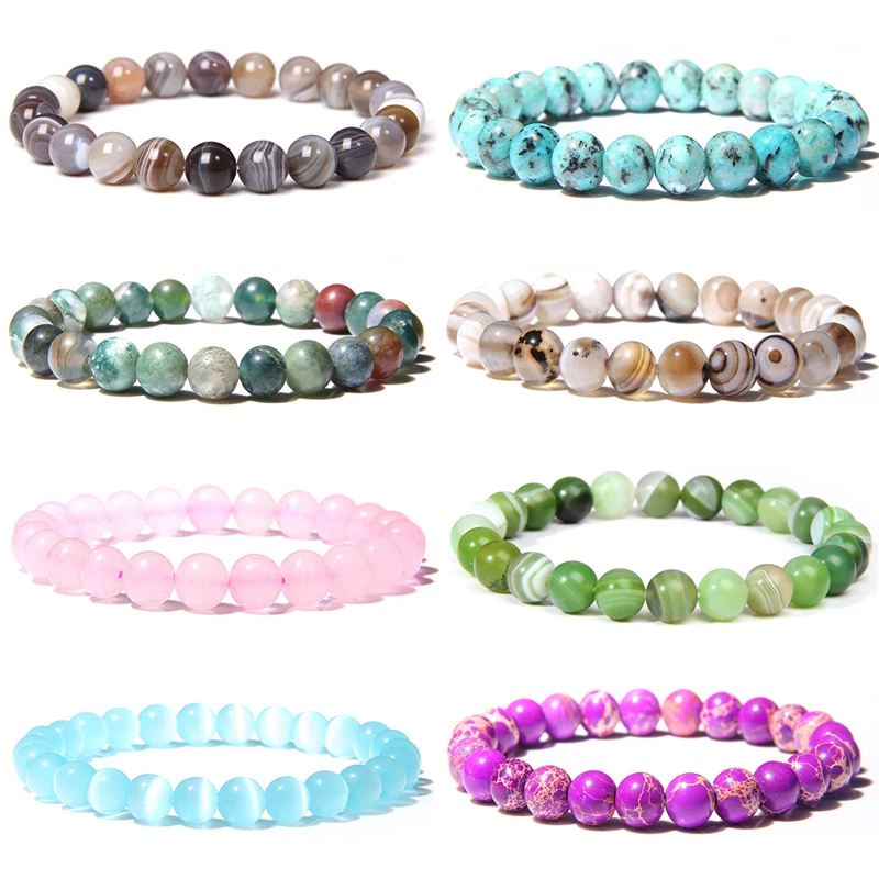 Natural Stone Beads Bracelet For Women Men 8mm Beads Bangles Lava Agates Quartz Chakra Yoga Bracelets For Women Jewelry Gifts