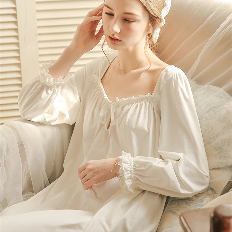 White Nightgown Sleepwear Lady Spring Autumn Long Sleeve Nightdress Loose Women Princess Nightgowns Comfortable