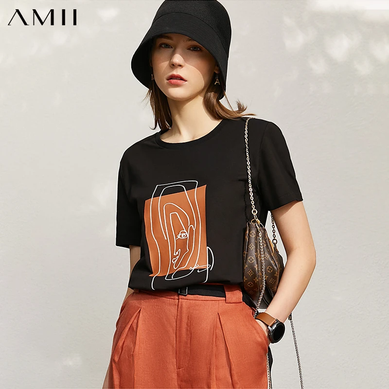 Amii Minimalism Summer Women's Tshirt Tops Fashion Cotton Oneck Printed Loose Female Tshirt Streetwear Women's Tshirt 12140270