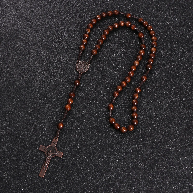 KOMi Christ Jesus Wooden Beads 8mm Rosary Bead Cross Pendant Woven Rope Chain Necklace Religious Orthodox Praying  Jewelry R-192