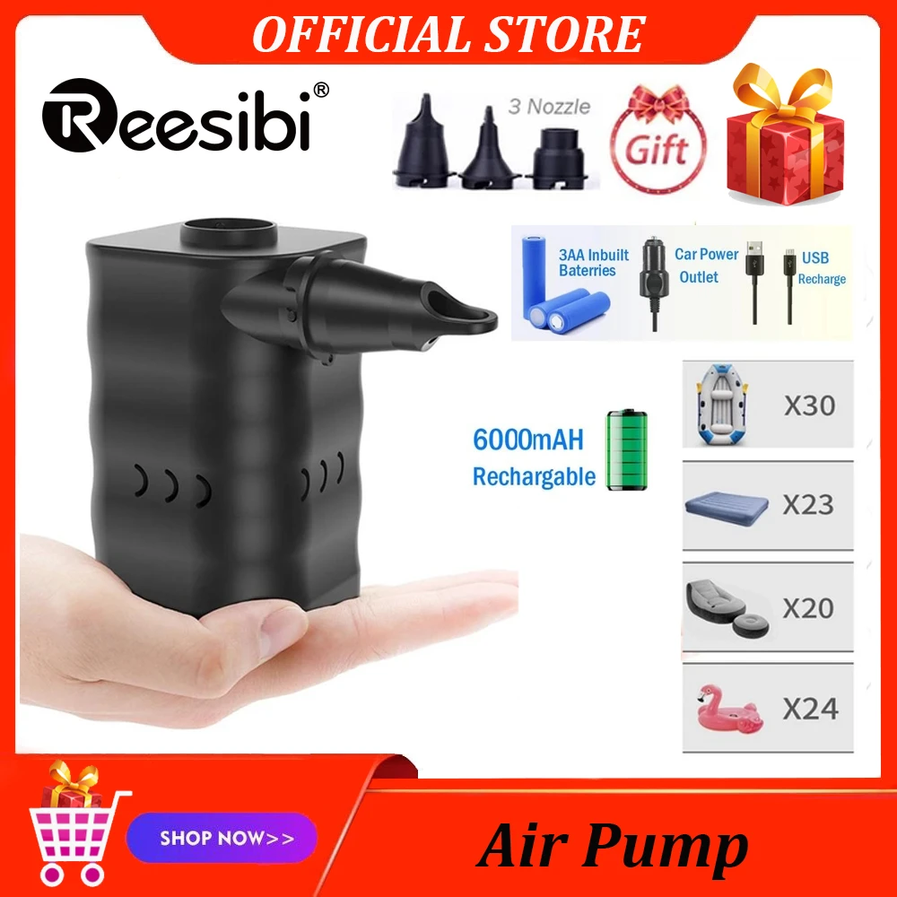 Reesibi AP6 6000mAh Electric Air Pump Quick Inflator for Boat Mattress Yoga Ball Swim Pool floats Toys USB with 3 Nozzles