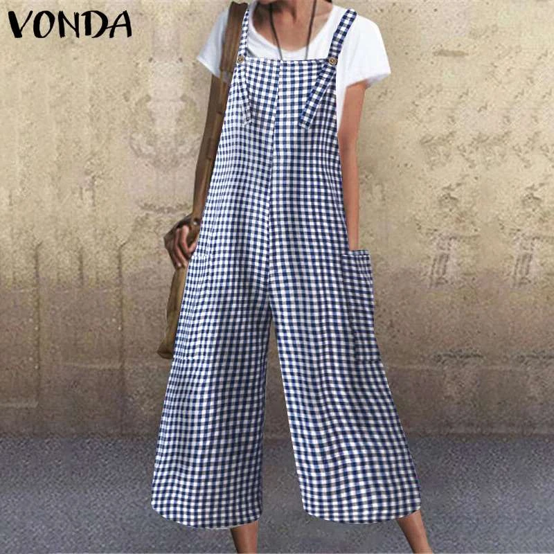 Women Jumpsuit Solid Overalls Casual Rompers Vintage Calf-Length Wide Leg Pants VONDA 2021 Female Casual Playsuits