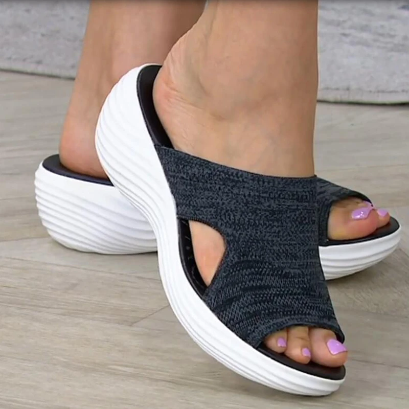 Summer Women Slippers Casual Mesh Open Toe Wedge Slip-On Platform Solid Color Ladies Slides Soft Beach Shoes for Women 2021 New