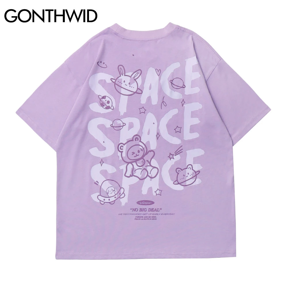 GONTHWID Harajuku Tshirts Cartoon Bear Rabbit Space Short Sleeve Tees Shirts Streetwear Hip Hop Fashion Casual Cotton Loose Tops