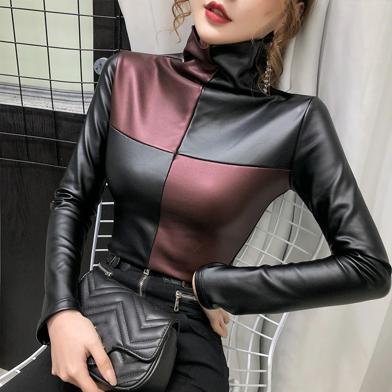 2021 Winter Long Sleeve Turtleneck PU Leather T-shirts Women Plus Fleece Warm PU Leather Pullovers Women Warm PU Leather Tops