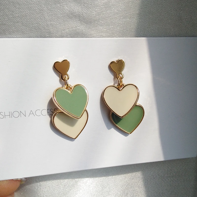 S925n needle Fashion Jewelry Earrings Delicate Design Double Heart White Green Dangle Drop Earrings For Girl Student Party Gift