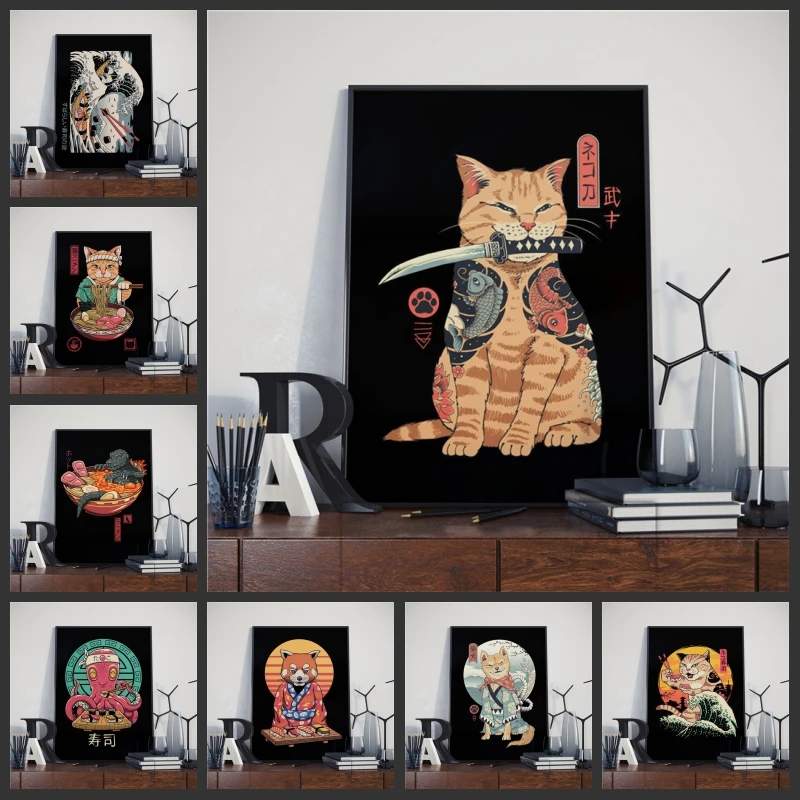 Japanese Samurai Cat Posters and Prints Ramen Nostalgia Quality Cartoon Canvas Paintings Animal Wall Art Pictures for Home Decor