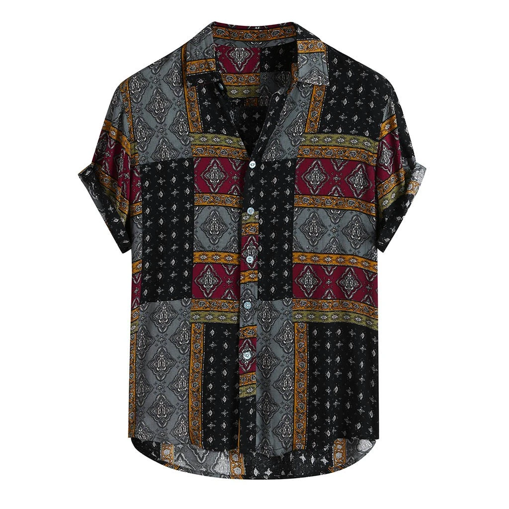 Men Shirt Ethnic Printed Shirts Summer Retro Vintage Streetwear Short Sleeves Button Harajuku Blouse chemise Homme Ropa Hombre
