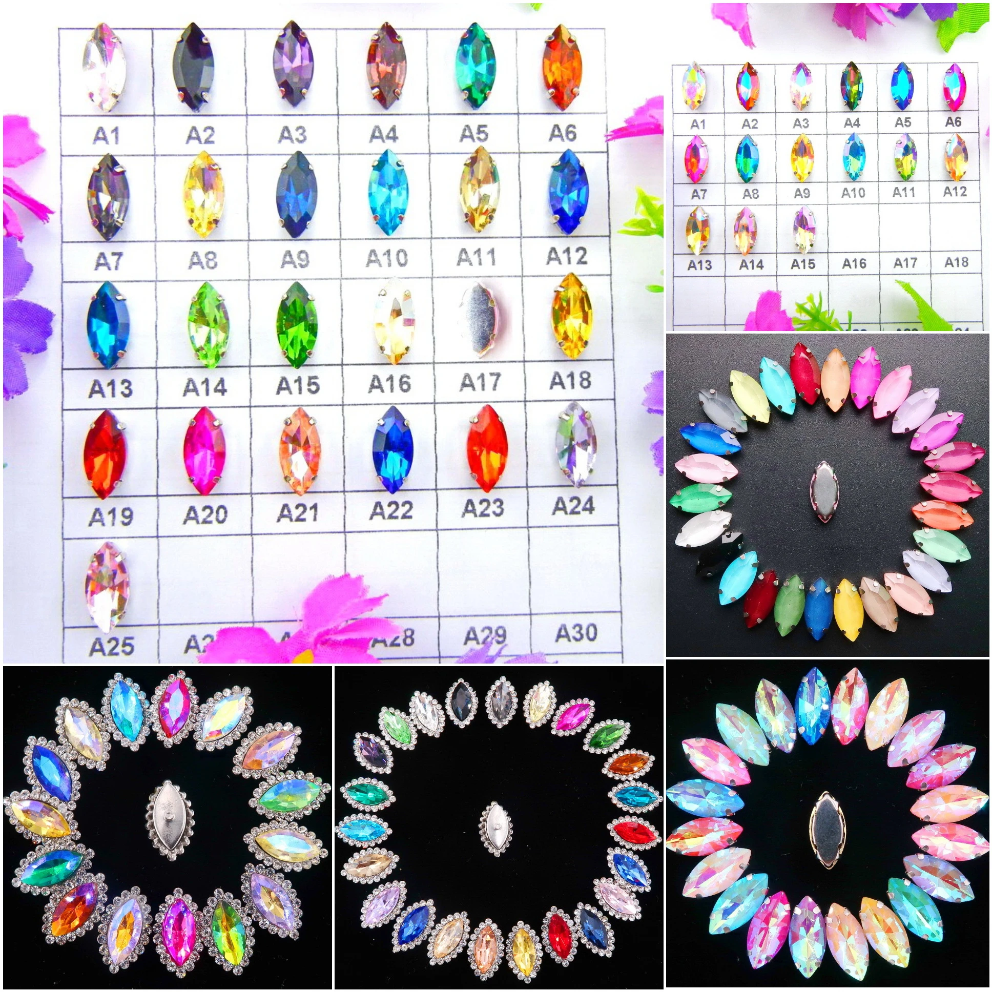 Glass Crystal Silver claw settings 8 sizes nice colors horse eye Navette Marquise shape Sew on rhinestone beads appliques diy