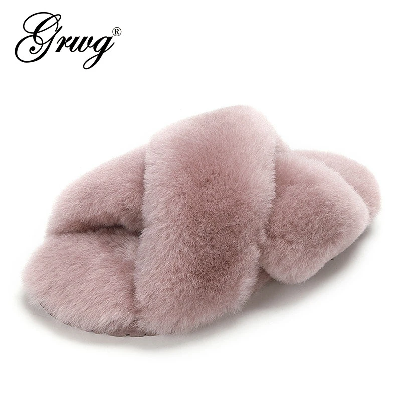 GRWG 100% Natural Sheepskin Fur Slippers Fashion Female Winter Slippers Women Warm Indoor Slippers Soft Wool Lady Home Shoes