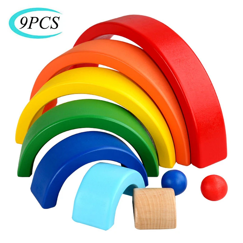 Wooden Seven-Color Rainbow Building Blocks Montessori Early Education Rainbow Jengle Arched Building Block Kid's Educational Toy