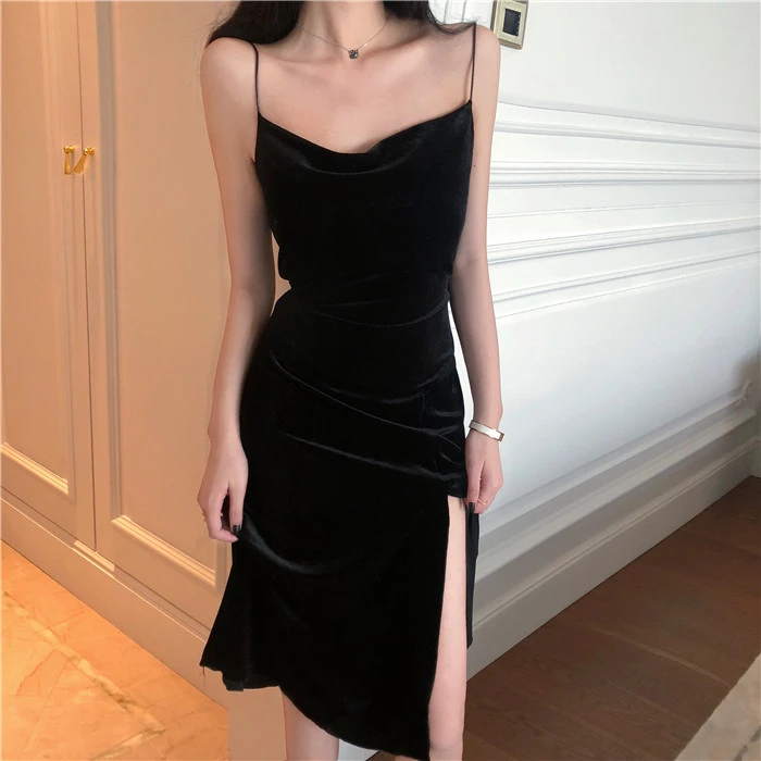 2021 Brand New Women Dress Spaghetti Strap Slit Velvet Black Dress Sexy Bodycon bandage Dress Midi Party Dress Vestidos Verano