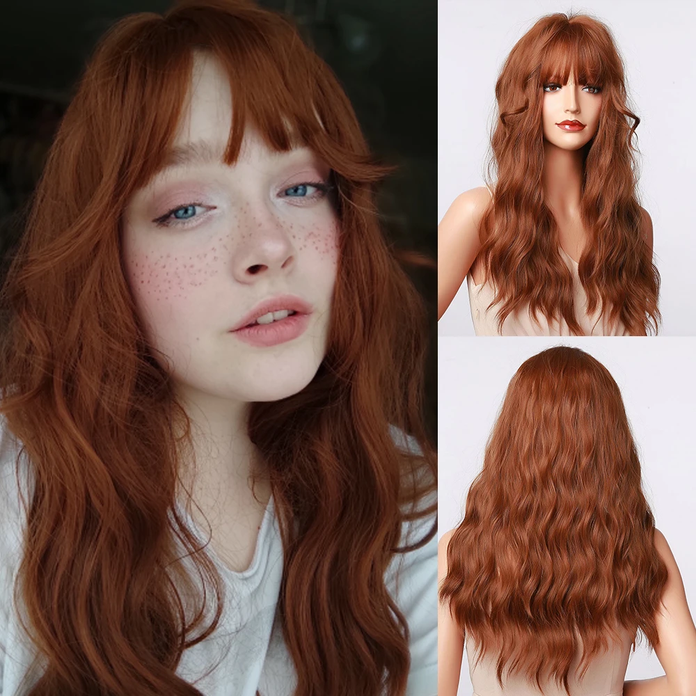 HENRY MARGU Long Wavy Brown Red Orange Wigs with Bangs Cosplay Party Heat Resistant Synthetic Hair Wigs for Black Women Afro