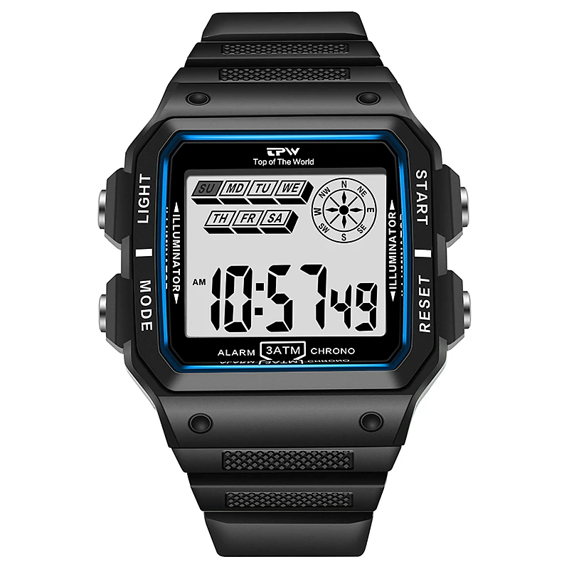 Shock Resistant Digital Watches 3ATM Waterproof Alarm Chrono Rectangle Dial Canlender Black Light Tough Structure