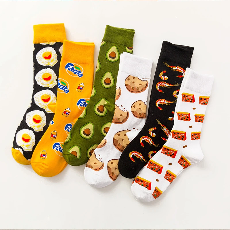 Funny Cotton Socks Women Tube Happy Sock Tide Cotton Long Snacks Fruit Food Avocado Socks High Tube Socks