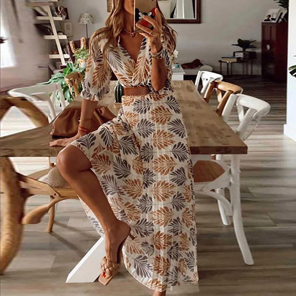 Summer Beach Women Casual Bohemian Short Sleeve Loose High Waist Print Dress Bohemian Style,Printing,Pleated Design,Belt Include