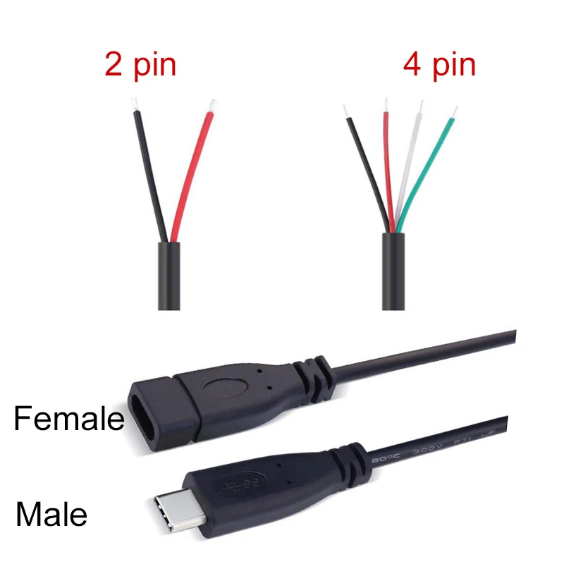 1pcs/5pcs 25cm USB 2.0 Type-C Power Supply Extension Wire Cable Charger Connector Male Female Plug 2-pin 4-pin Data line
