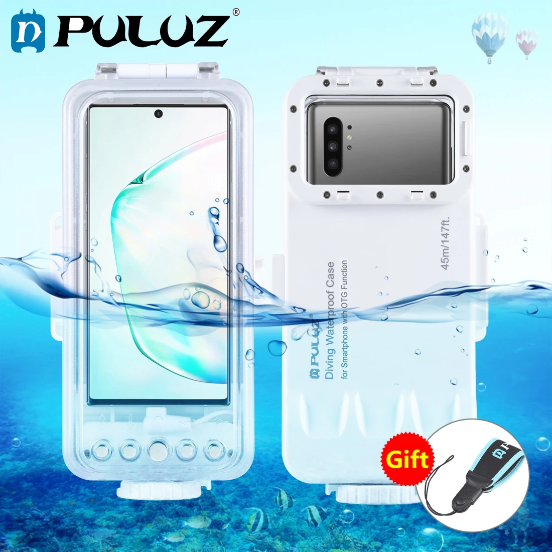 PULUZ 45m/147ft Waterproof Diving Housing Photo Video Taking Underwater Cover Case For iphone,Galaxy,Android Smartphone with OTG