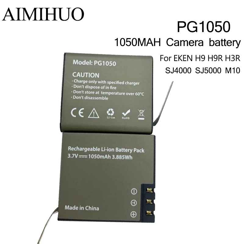 2pc PG1050 3.7V 1050mah Sport Action Camera Battery for EKEN H9 H9R H3 H8PRO SJ4000 SJCAM SJ5000 M10 SJ5000 Replacement battery