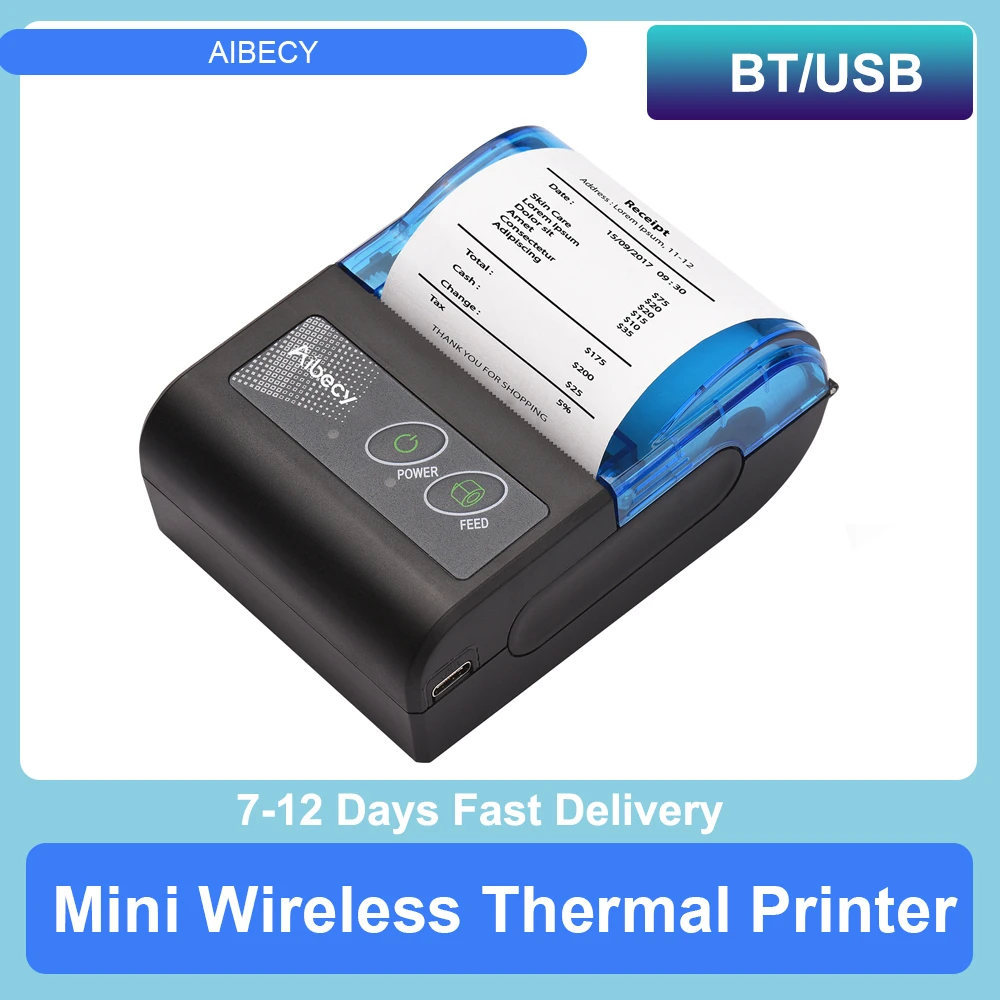 Portable Mini Thermal Printer 2 inch Wireless USB Receipt Bill Ticket Printer Add 58mm Paper Compatible with iOS Android Windows