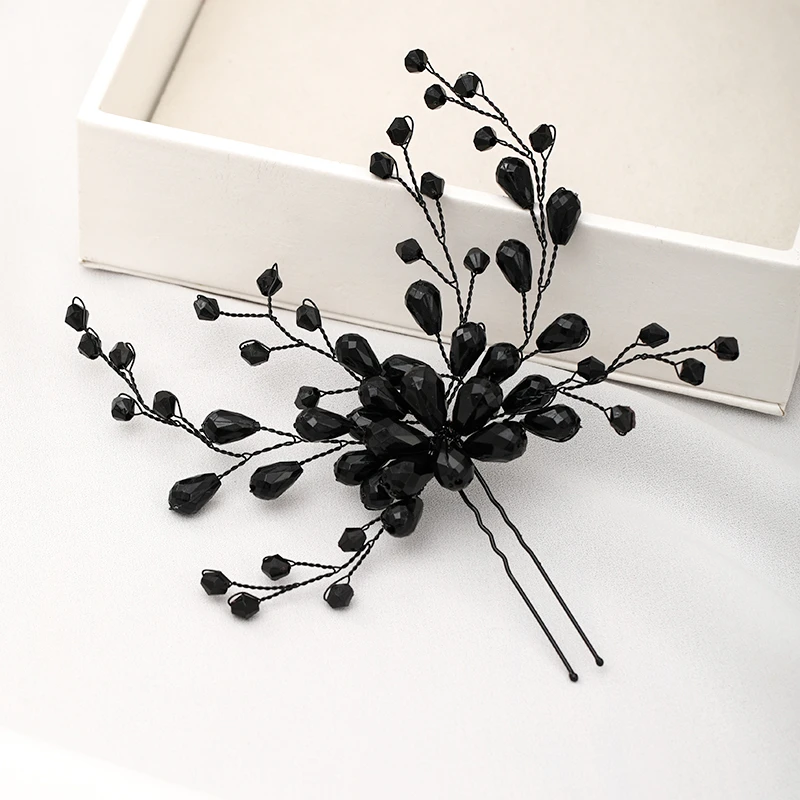 Black Color Crystal Hairpins Handmade Vintage Baroque Tiara Headpiece Wedding Headdress Women Bridal Hair Accessories Jewelry