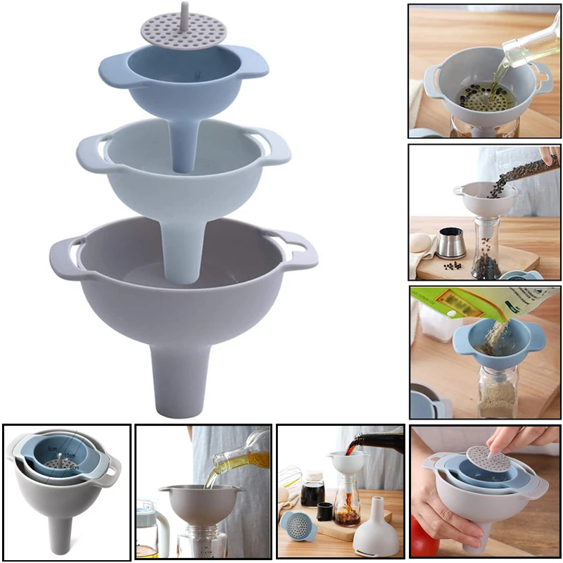 4-in-1 Funnels Set Oil Funnel Strainer Kitchen Tools Oil Water Spices Wine Flask Filter Funnel Plastic Kitchen Accessories