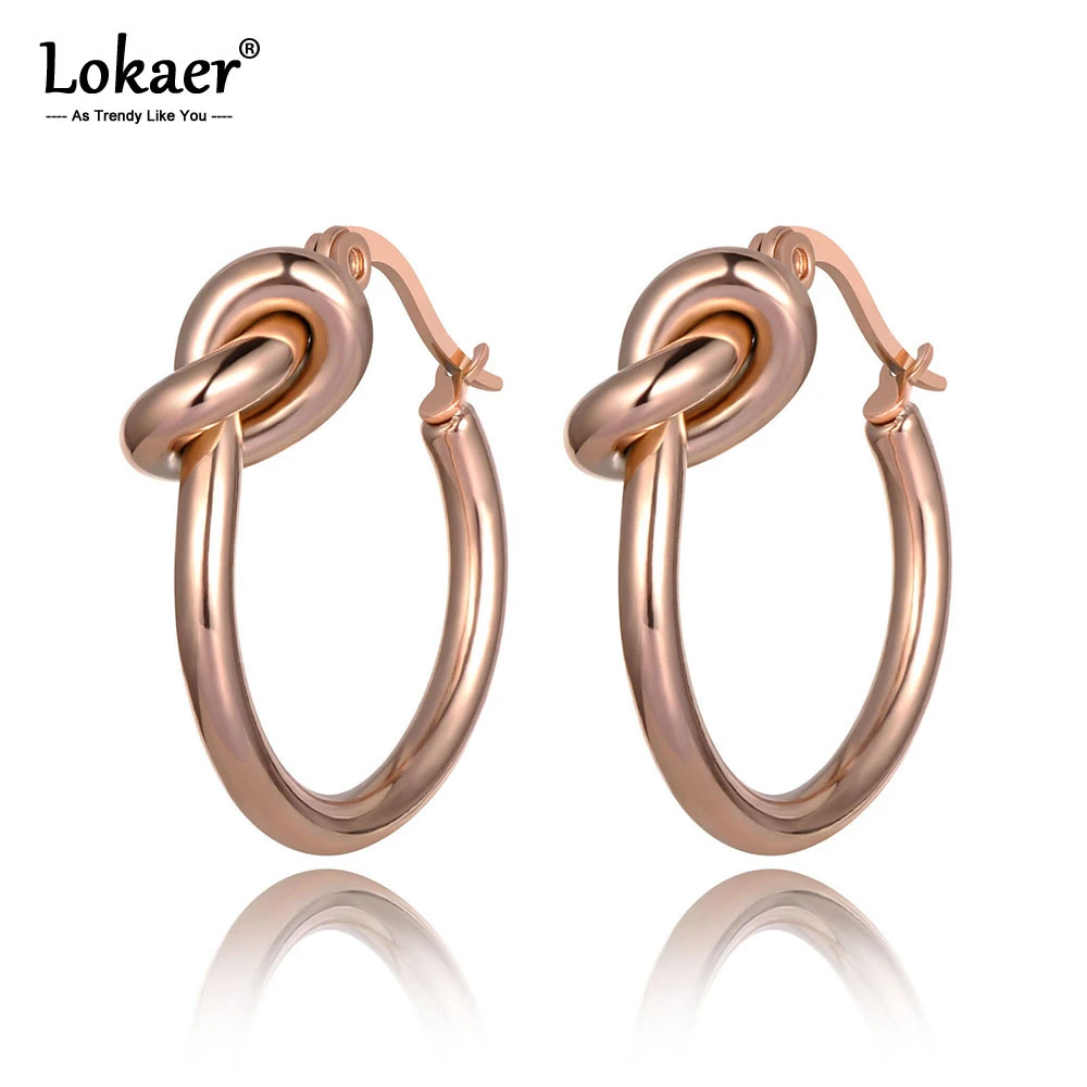 Lokaer Original Design Rose Gold Stainless Steel Knotted Hoop Earrings Trendy Bohemia Office Earrings For Women Girls E19282