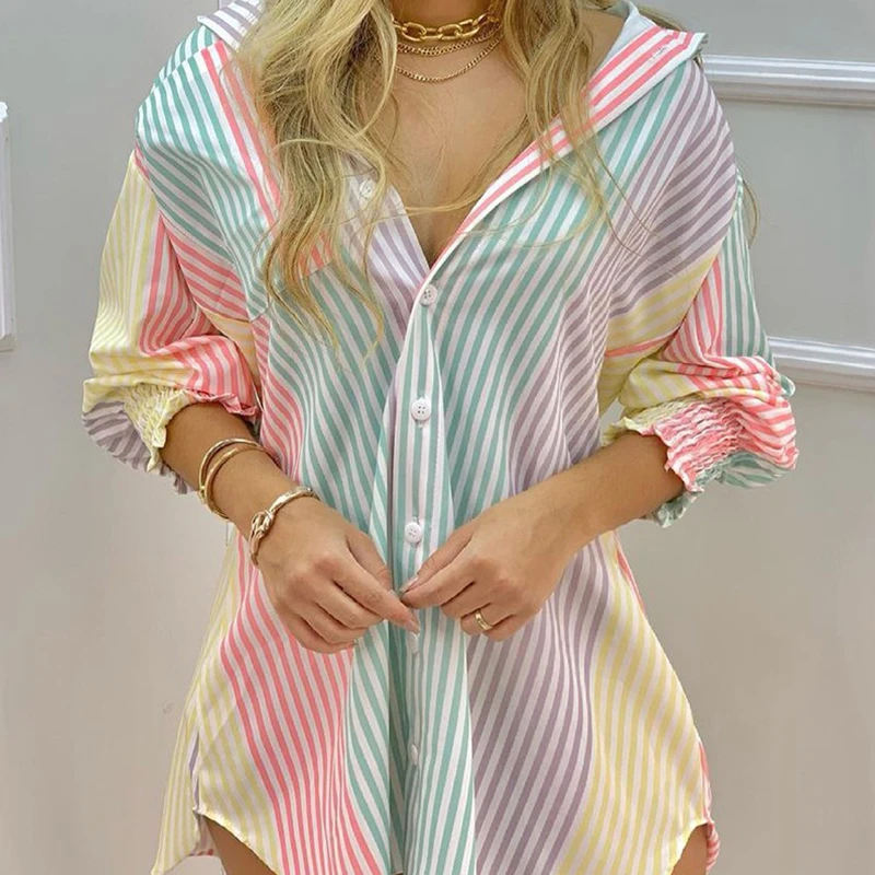 2021 Women Print Ruched Long Sleeve Irregular Button Shirt Blouse Dresses Sexy Casual Party Beach Mini Dress Vestidos Robe Femme