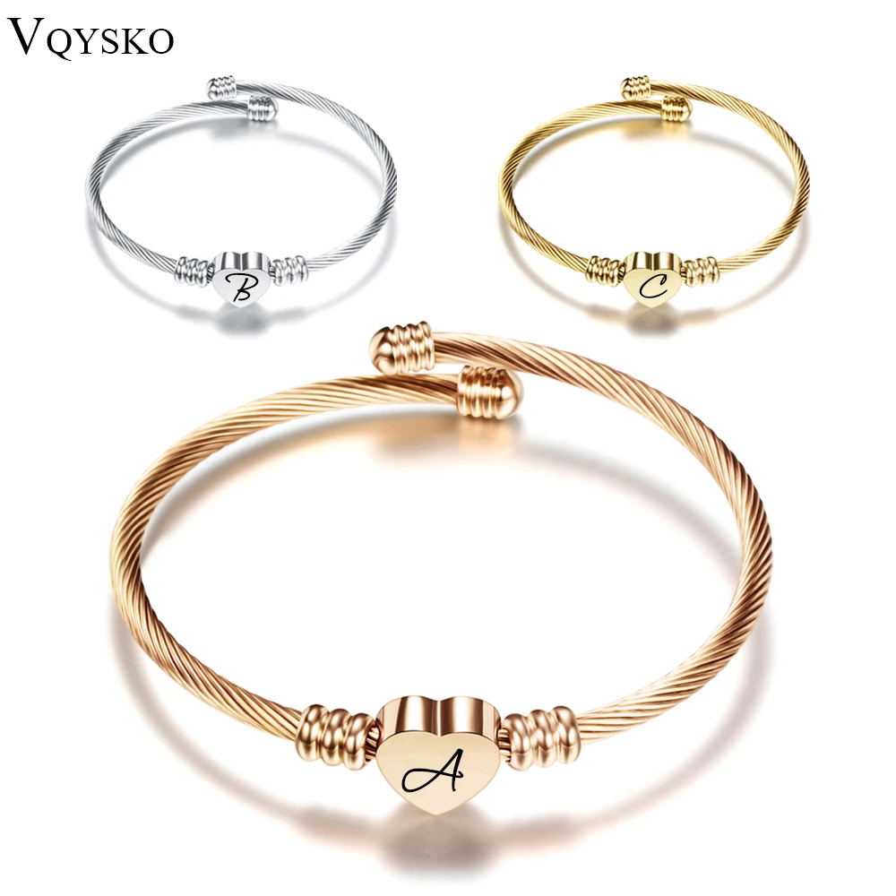 Free Engrave Initial Alphabet Heart Cuff Bangles Women Jewelry Stainless Steel Letter Bangle For Gifts