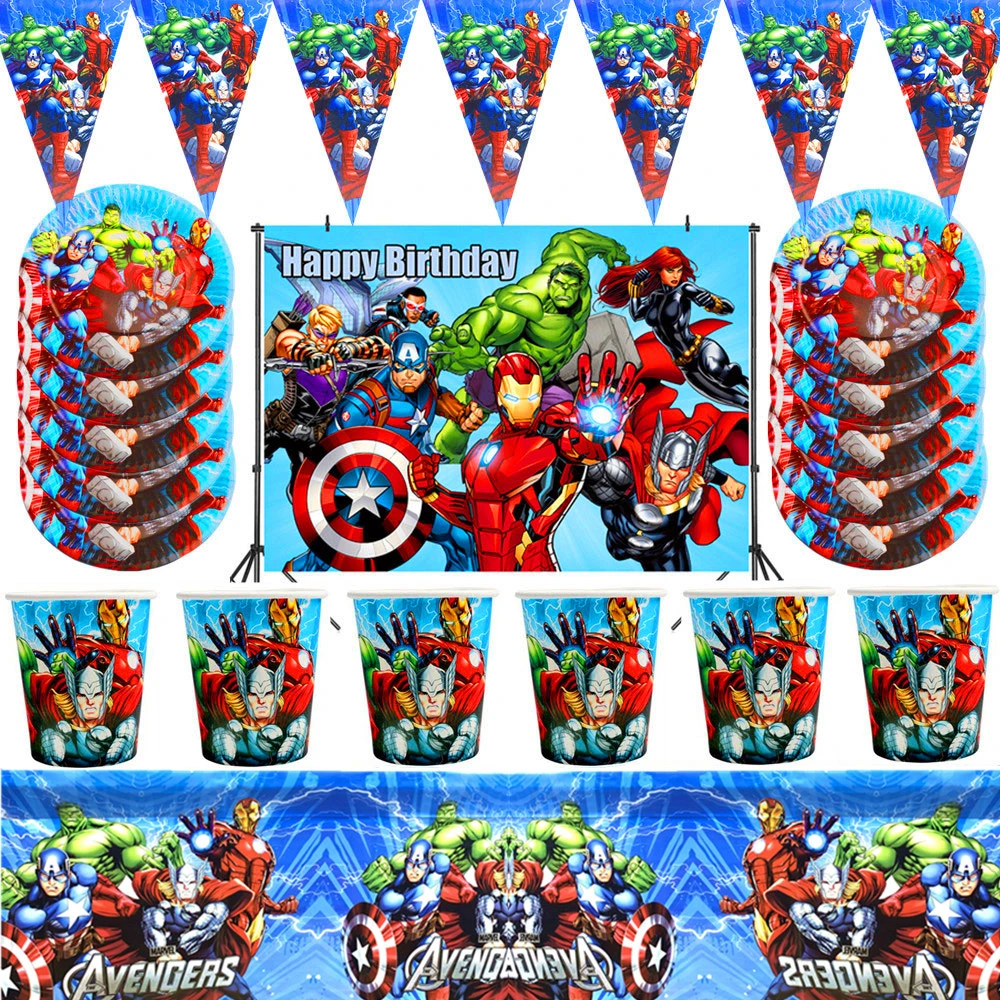 Super Hero Party Supplies Decorations Kids Birthday Disposable Tableware Tablecloth Cups Superhero Party Theme Favors Boy Set